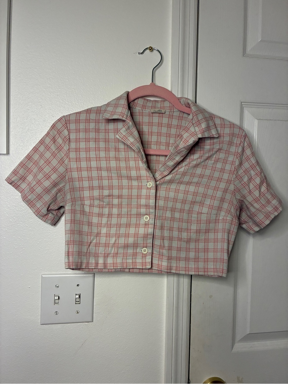 Lou & Grey Pink Plaid Cropped Button-Up Top